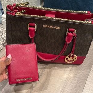 Michael Kors Red and Brown Satchel with Gold-Tone Hardware and Wallet